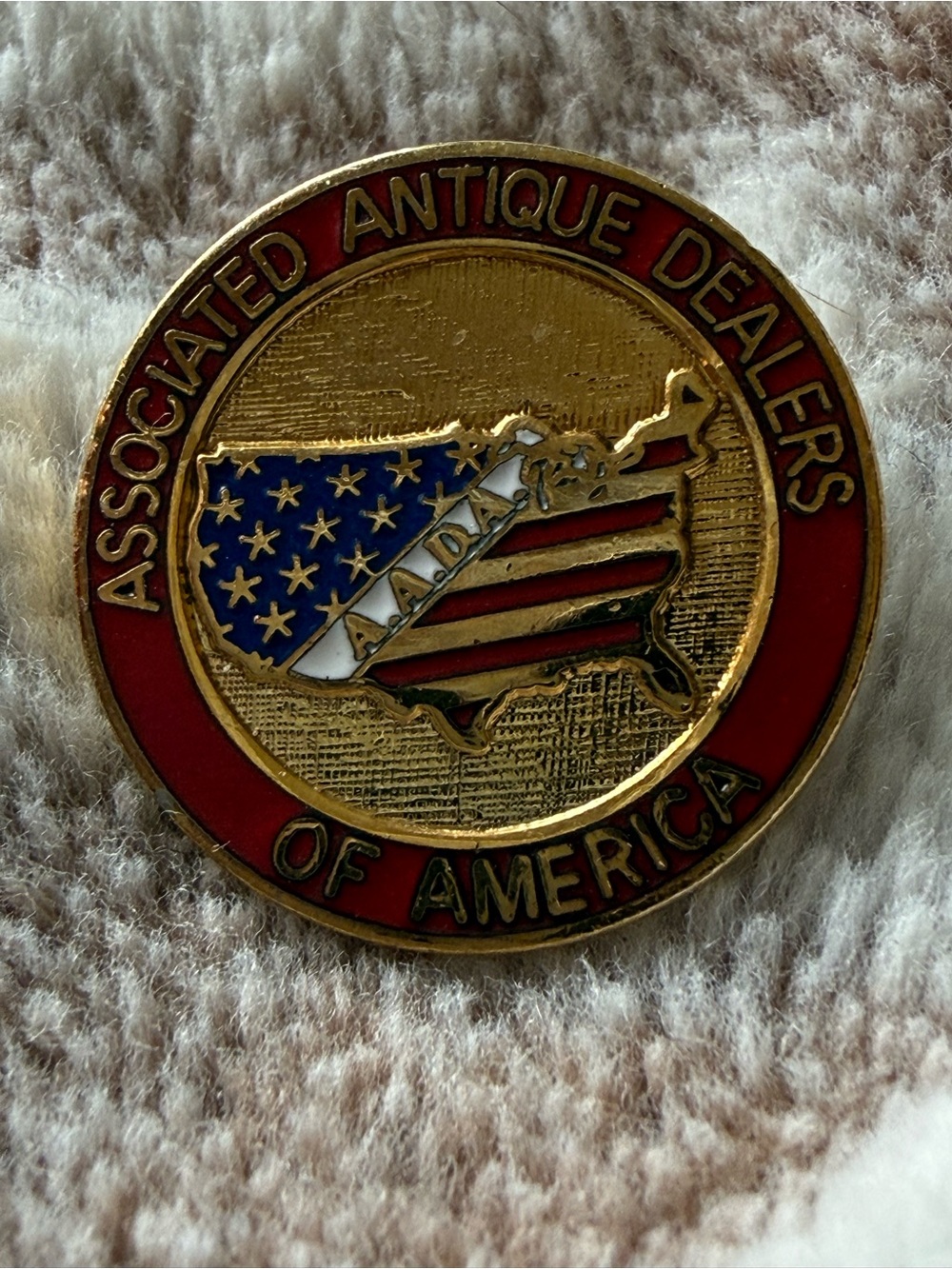 Associated Antique Dealers of America Enamel Pin - Red, Blue, Gold